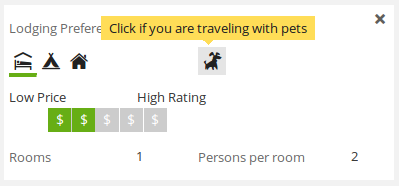 Lodging preferences with Pet Friendly mode toggle